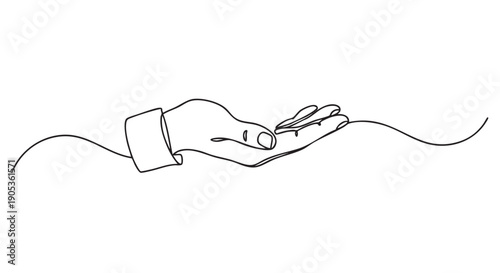 One continuous black line art illustration of a cupped human hand with a shirt cuff, symbolizing help, charity, and care in a simple, elegant, and modern design