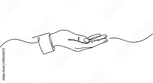 Single continuous line drawing of a hand with an open palm in a giving or receiving gesture, rendered in a minimalist black and white style for concepts of help and support