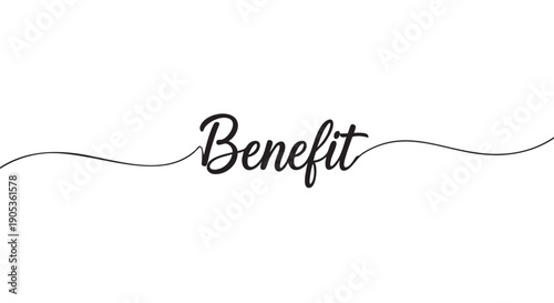 The word Benefit written in an elegant black cursive script with a continuous flowing line, representing a concept of advantage, gain, and positive outcome in a minimalist design