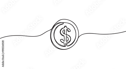 Dollar sign coin drawn in a continuous single line art style representing finance, economy, and currency in a minimalist black and white illustration for business concepts