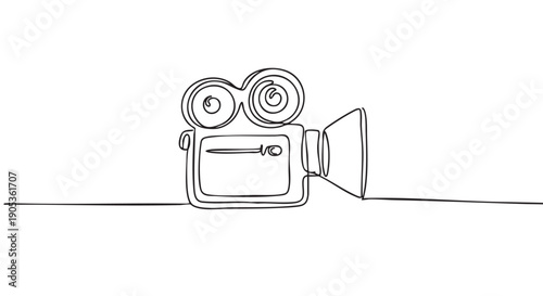 Vintage movie camera with two reels drawn in a continuous single black line, a minimalist illustration representing cinema, filmmaking, and the art of video production