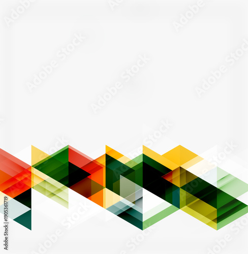 Abstract geometric shapes overlap, creating vibrant color bands across bottom portion. White space dominates top area.