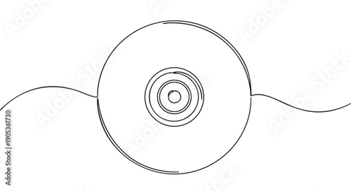 Compact disc drawn in a continuous single line art style, showcasing a minimalist and modern aesthetic for music, data, or technology concepts in a clean graphic illustration
