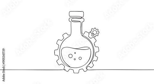 Laboratory flask with bubbling liquid inside a gear is drawn in a continuous single line style, symbolizing industrial chemistry, scientific innovation, and technology