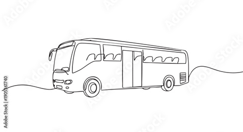 Continuous one line drawing of a tour bus in a minimalist artistic style, showcasing the vehicle's profile with simple, elegant contours for a modern transportation concept