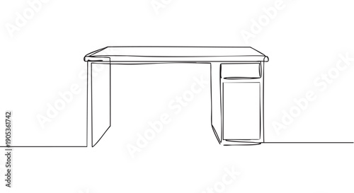 Minimalist black line drawing of a desk with drawers, created in a continuous one-line art style, showcasing a simple and modern piece of home or office furniture