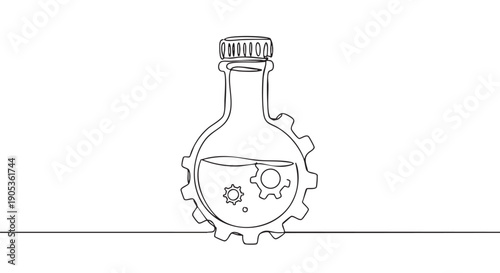 Gear-shaped bottle with mechanical cogs inside drawn in a minimalist single continuous line art style, illustrating a concept of industrial lubricant or chemical engineering