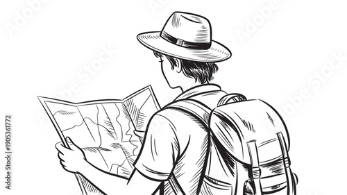 A male traveler wearing a hat and backpack is intently studying a folded map.