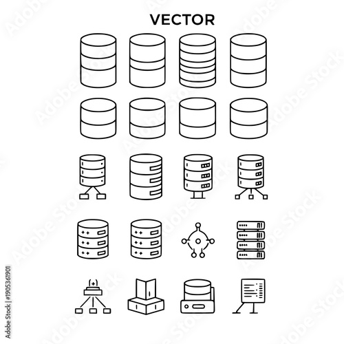 Outline database icon black vector line art data storage set