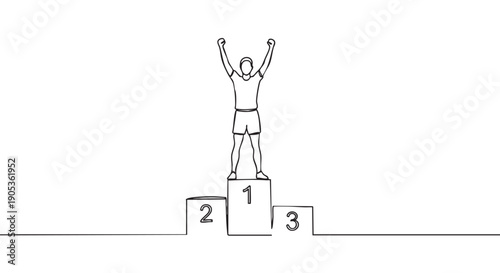 Continuous single line drawing of a champion standing on a winner's podium with arms raised in celebration, a minimalist illustration of victory, success, and achievement in a competition