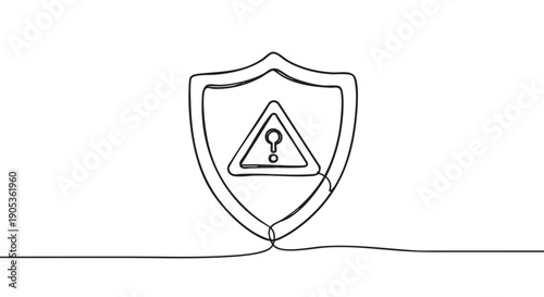 Continuous single line drawing of a shield with a triangular warning sign and a question mark inside, representing concepts of unknown risk, security uncertainty, and vulnerability