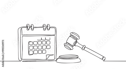 Judge's gavel and desk calendar drawn in a continuous single line style, symbolizing a court date, legal appointment, or justice system deadline in a minimalist illustration