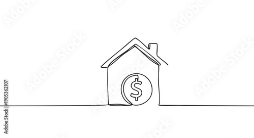 Continuous single line drawing of a house with a dollar coin inside representing real estate investment, mortgage, and home financing in a minimalist artistic style