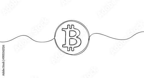 Single continuous line drawing of a cryptocurrency coin symbol in a minimalist black and white style, featuring a wavy, unbroken line creating the iconic digital money emblem