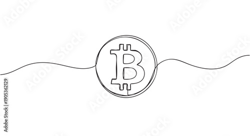 Single continuous line drawing of a Bitcoin cryptocurrency coin, a minimalist hand-drawn sketch representing digital finance and blockchain technology