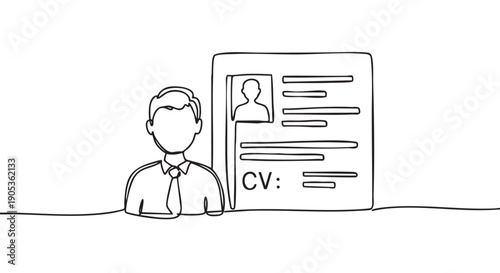 Continuous one line drawing of a job applicant with his curriculum vitae, a minimalist illustration representing the concept of hiring, recruitment, and career opportunities