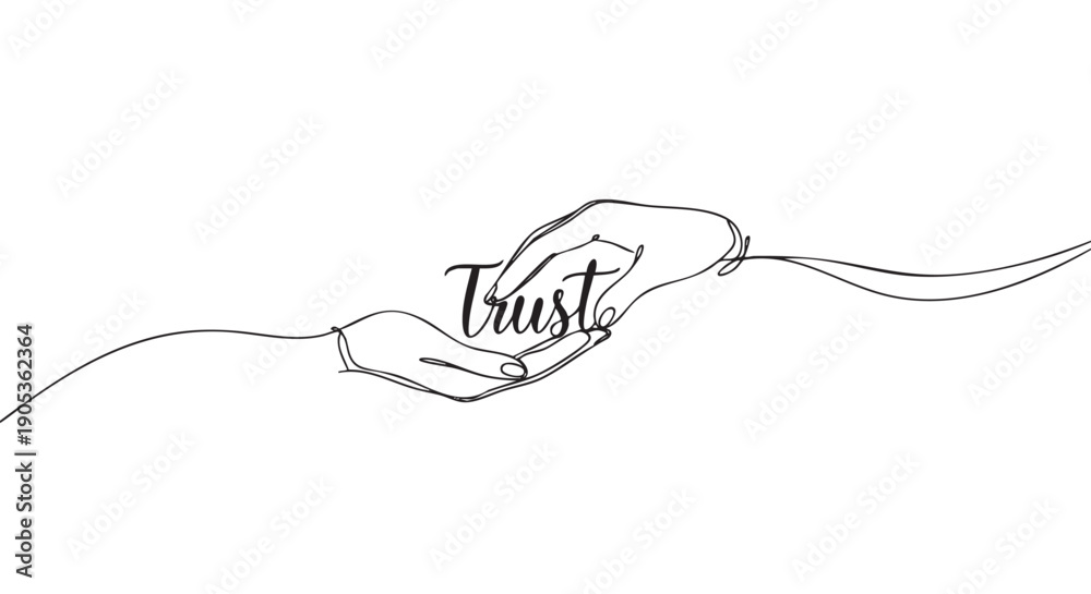 Obraz premium Continuous one line drawing of two hands holding the word Trust in an elegant, minimalist black and white illustration symbolizing support, care, and reliability in a relationship