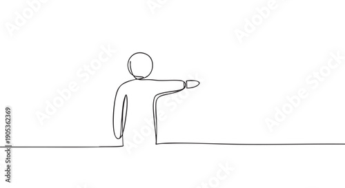 Continuous single line drawing of a person pointing forward with an outstretched arm, a minimalist abstract sketch illustrating the concept of direction, guidance, and choice