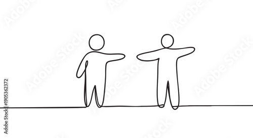Two abstract human figures created with a single continuous line stand apart while reaching towards one another in a minimalist concept of connection or social distancing