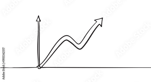 Hand-drawn black line graph with an arrow showing a fluctuating upward trend, a simple doodle illustration representing business growth, financial success, and market progress