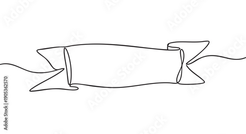Ribbon banner drawn with a single continuous black line in a minimalist art style, featuring elegant curled ends for a modern and clean graphic design element