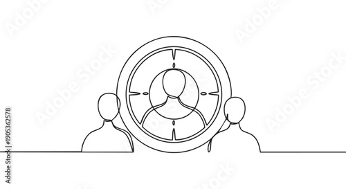 Continuous line drawing of a target with a person icon inside, representing audience segmentation, customer focus, and human resources recruitment in a minimalist one-line art style