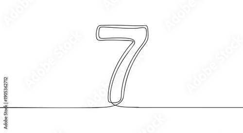 The number seven drawn in a continuous single line art style with a minimalist and clean aesthetic, showcasing a simple black outline illustration of the digit seven