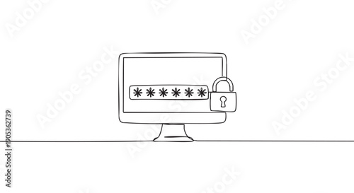 Continuous line drawing of a computer monitor with a password field and a padlock symbolizes cybersecurity, data protection, and secure account authentication