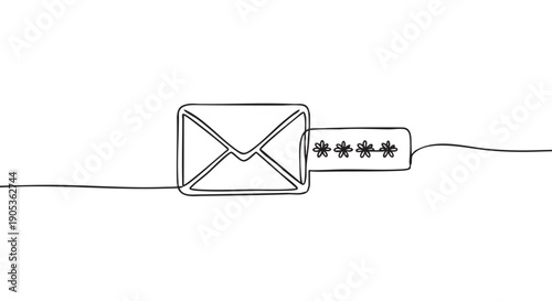 Black continuous one line drawing of a mail envelope and a password field representing digital security, authentication, and private online communication in a minimalist style