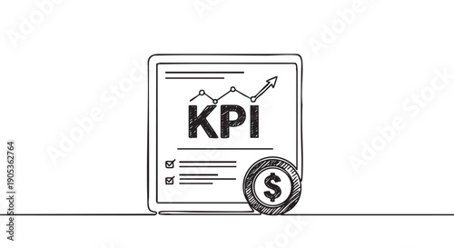 Continuous line drawing of a KPI report with an upward arrow graph and a dollar coin represents financial growth, performance metrics, and successful business strategy analysis