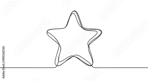 Continuous single line drawing of a star shape with five points in a minimalist, hand-drawn sketch style, representing success, quality, and achievement in a simple graphic