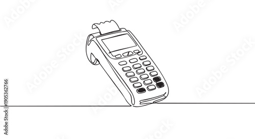 Payment terminal with a printed receipt illustrated in a simple, continuous one line drawing style, representing modern electronic transactions and cashless purchasing