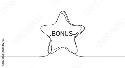 Continuous one line drawing of a star with the word bonus inside, representing a special offer or reward concept in a minimalist, modern, and clean artistic style