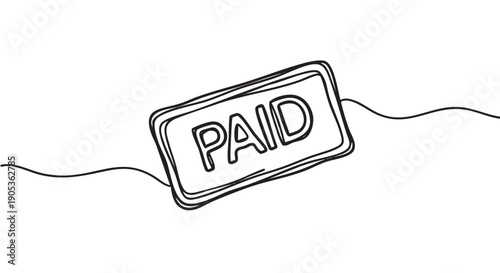 PAID stamp drawn in a continuous single line art style, a minimalist black and white scribble illustration representing a completed financial transaction or settled invoice
