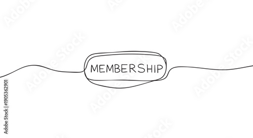 Handwritten word membership in a continuous line drawing style, a simple black and white sketch representing the concept of belonging, community, subscription, and exclusive access
