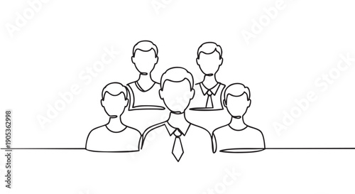 Minimalist continuous line drawing of a business team with a leader in the foreground, a simple black and white illustration of corporate community and teamwork