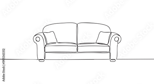 Minimalist continuous line art two-seater sofa with two throw pillows and rolled armrests is depicted in a clean, modern, and elegant illustration style