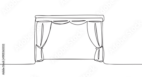 Elegant continuous line drawing of a stage arch with tied-back curtains, rendered in a minimalist artistic style with clean black lines