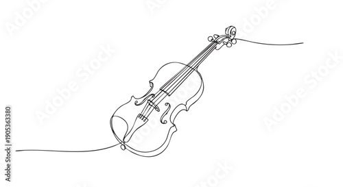 Single continuous line art violin drawing with elegant curves and intricate details, presented in a minimalist and artistic style
