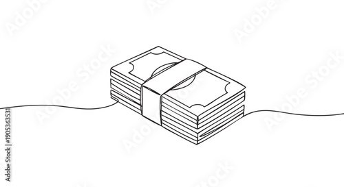 Single continuous line drawing of a stack of banknotes, neatly bundled, rendered in a minimalist black and white illustration style