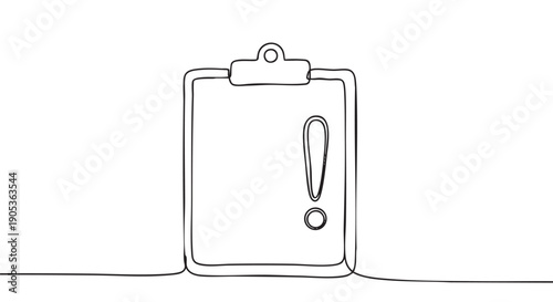 Minimalist continuous line art clipboard featuring an exclamation mark, rendered in a clean, simple, and modern illustrative style, conveying importance or alert