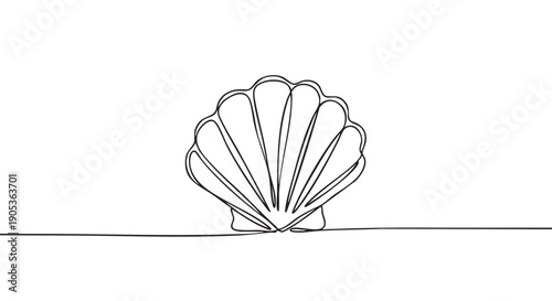 Simple elegant continuous line art scallop seashell illustration, featuring a single black outline drawing with a minimalist aesthetic, evoking a serene ocean theme
