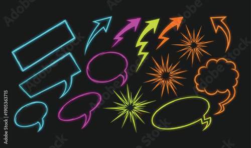 Vibrant Neon Hand Drawn Speech Bubbles Arrows and Explosions on Black Background