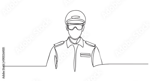 Continuous line drawing of a uniformed person wearing a peaked cap and dark sunglasses, rendered with a minimalist, abstract aesthetic and a smooth, unbroken line