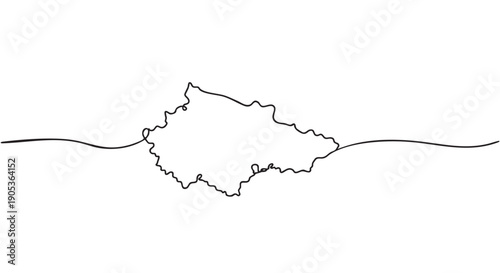 Continuous black line drawing a minimalist map-like shape, extending horizontally with elegant simplicity and an abstract, flowing style
