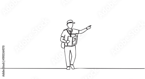 Continuous line drawing of a professional delivery person in uniform holding a package and clipboard, confidently pointing towards the right, depicting efficient service