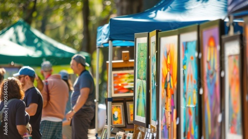 Art fair with colorful paintings displayed. People browsing and enjoying the outdoor event. Bright tents in the background.