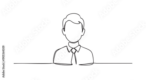Continuous line art drawing of a person wearing a collared shirt and tie, depicted in a minimalist, professional avatar style with clean black lines