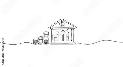Continuous line drawing of a stylized bank building with a dollar sign on its pediment, illustrating financial growth with internal graphs and increasing stacks of coins