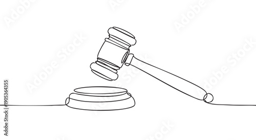 Minimalist continuous line art drawing of a gavel poised above its sound block, rendered with elegant black strokes on a clean canvas, symbolizing justice and authority